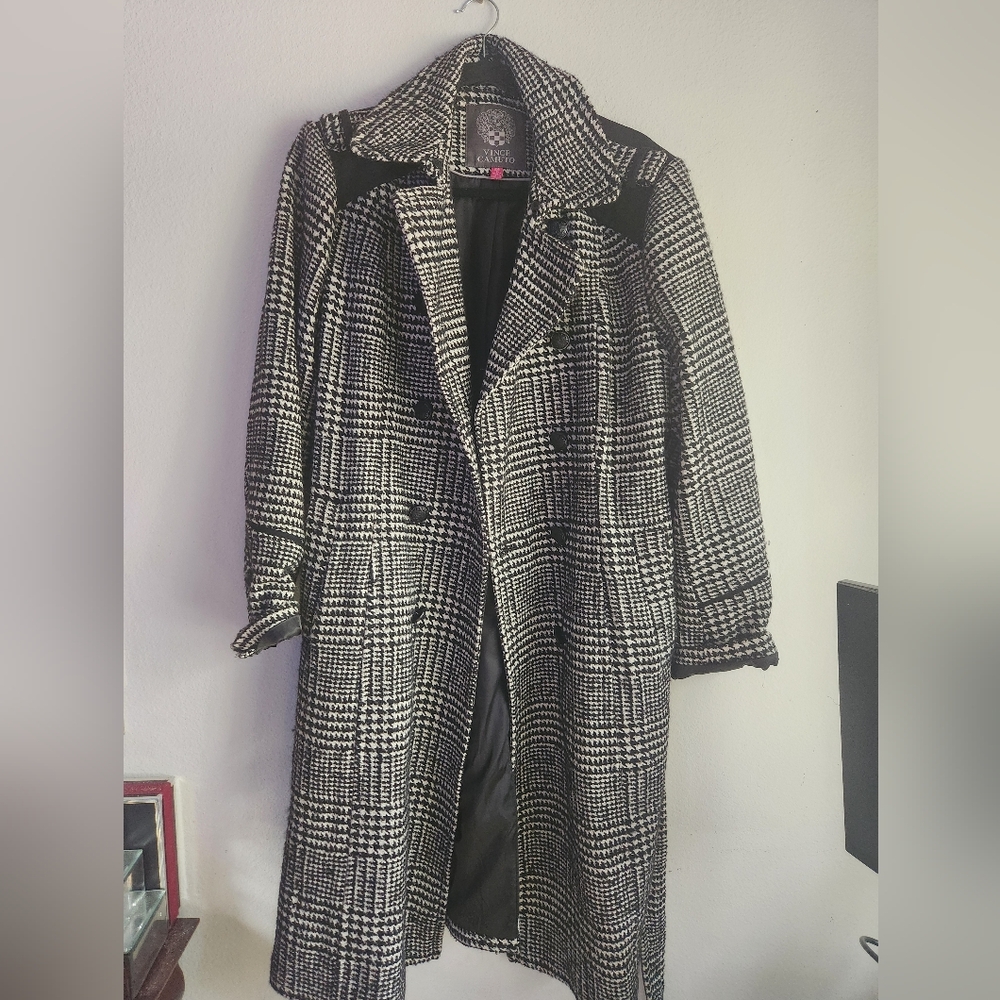 Vince Camuto Black and White Plaid Trench Coat
